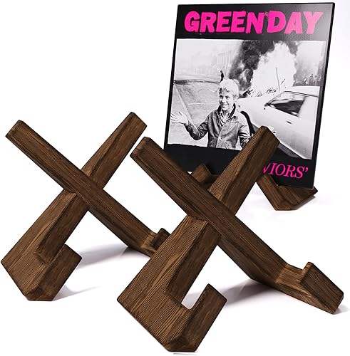 Paquete de 2 soportes para discos de vinilo, pantalla de madera de primera calidad, soporte de montaje de 1 segundo, accesorio giratorio para discos