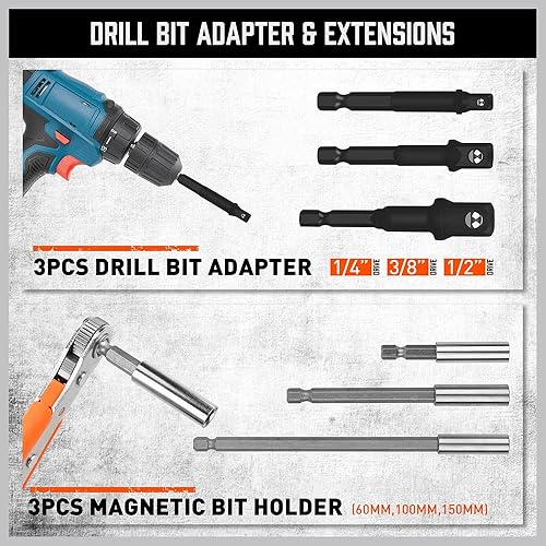 Miniatura 7 de HORUSDY Juego de 47 destornilladores de tuercas SAE y métrico, destornillador de tuerca magnético de impacto para taladro de impacto, adaptadores de