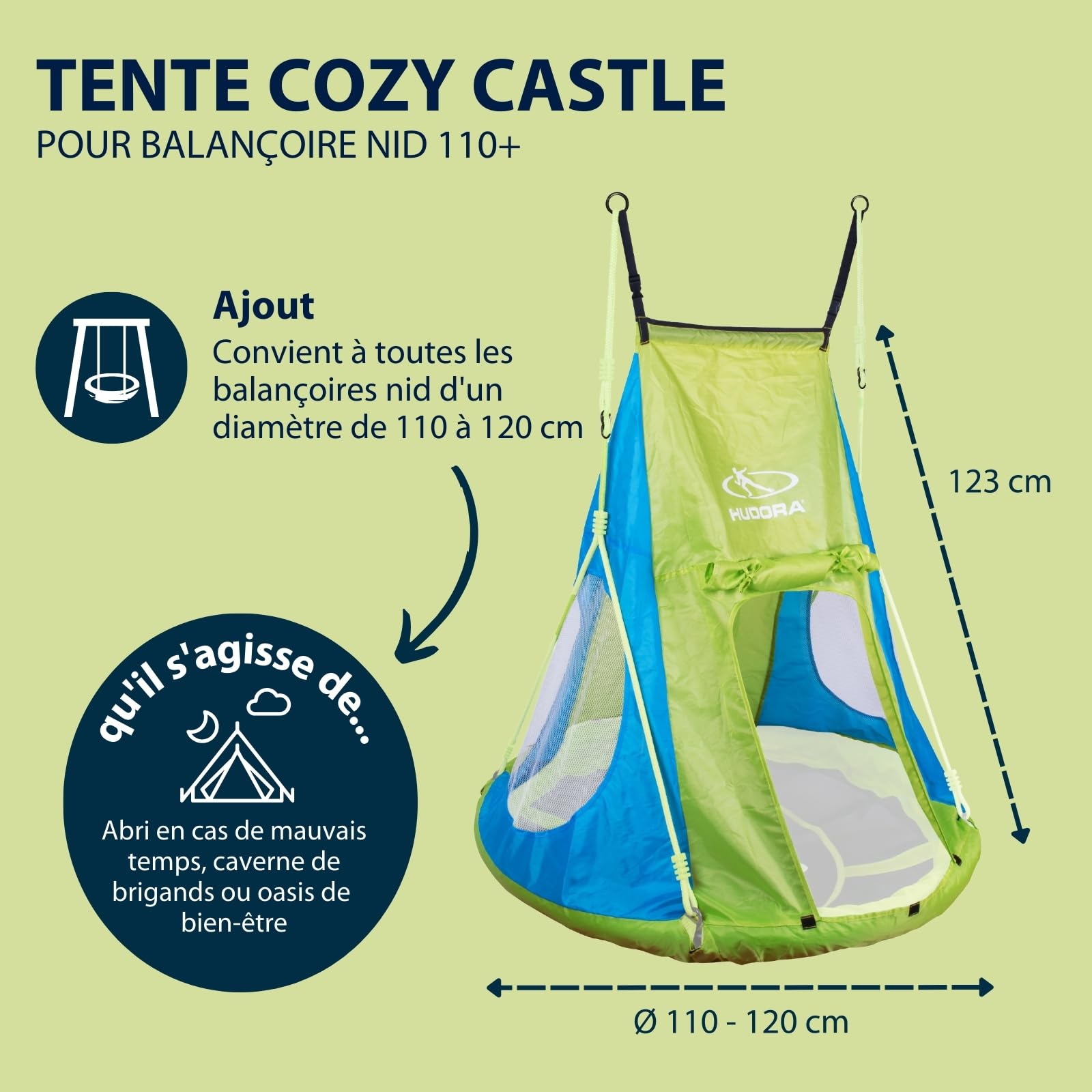 HUDORA Toile de Tente Cosy Castle - Housse de Tente pour balançoire nid HUDORA 90 & 110/120 en Bleu/Lemon - Tente de balançoire en Polyester pour l'intérieur & l'extérieur