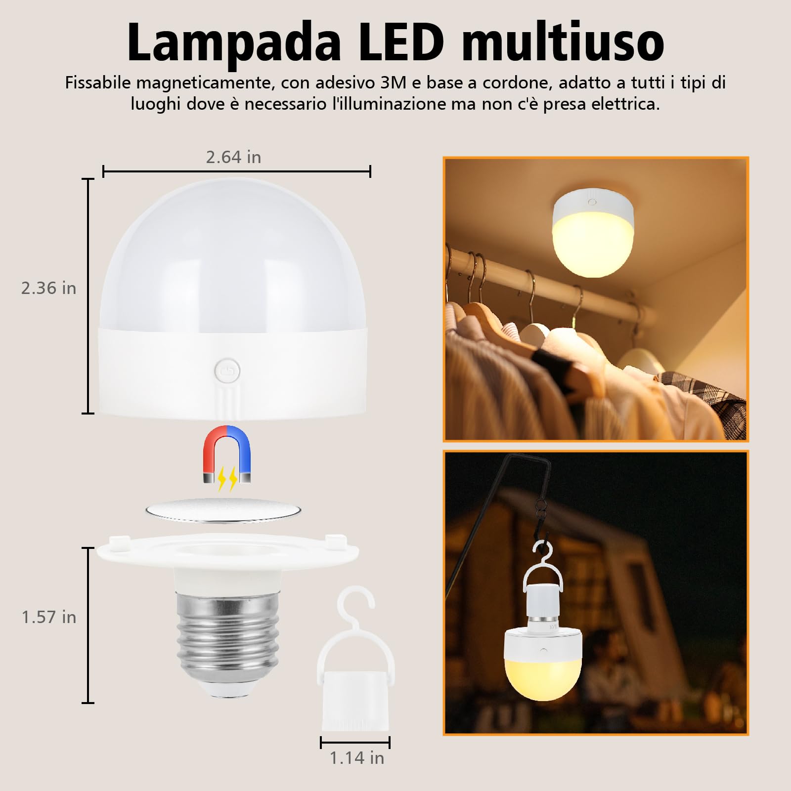 Lampadina ricaricabile con timer e telecomando, lampadine a batteria dimmerabili E27/E26 LED di ricarica rimovibile, lampade non cablate con 3 temperature di colore + 12 RGB, 2 Pezzis