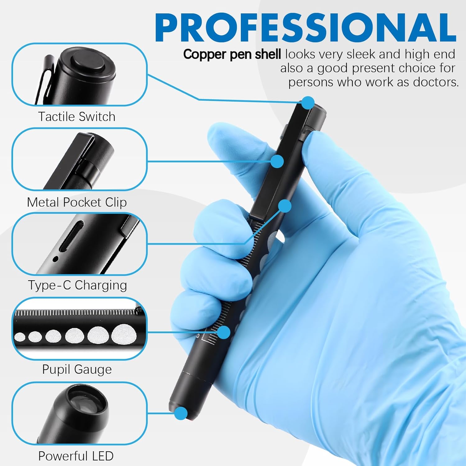 Jeemiter Cobalt Blue LED Professional Medical Penlight PenLite with Metal Clip for Ophthalmologists Doctors Nurses and Eye Examiner