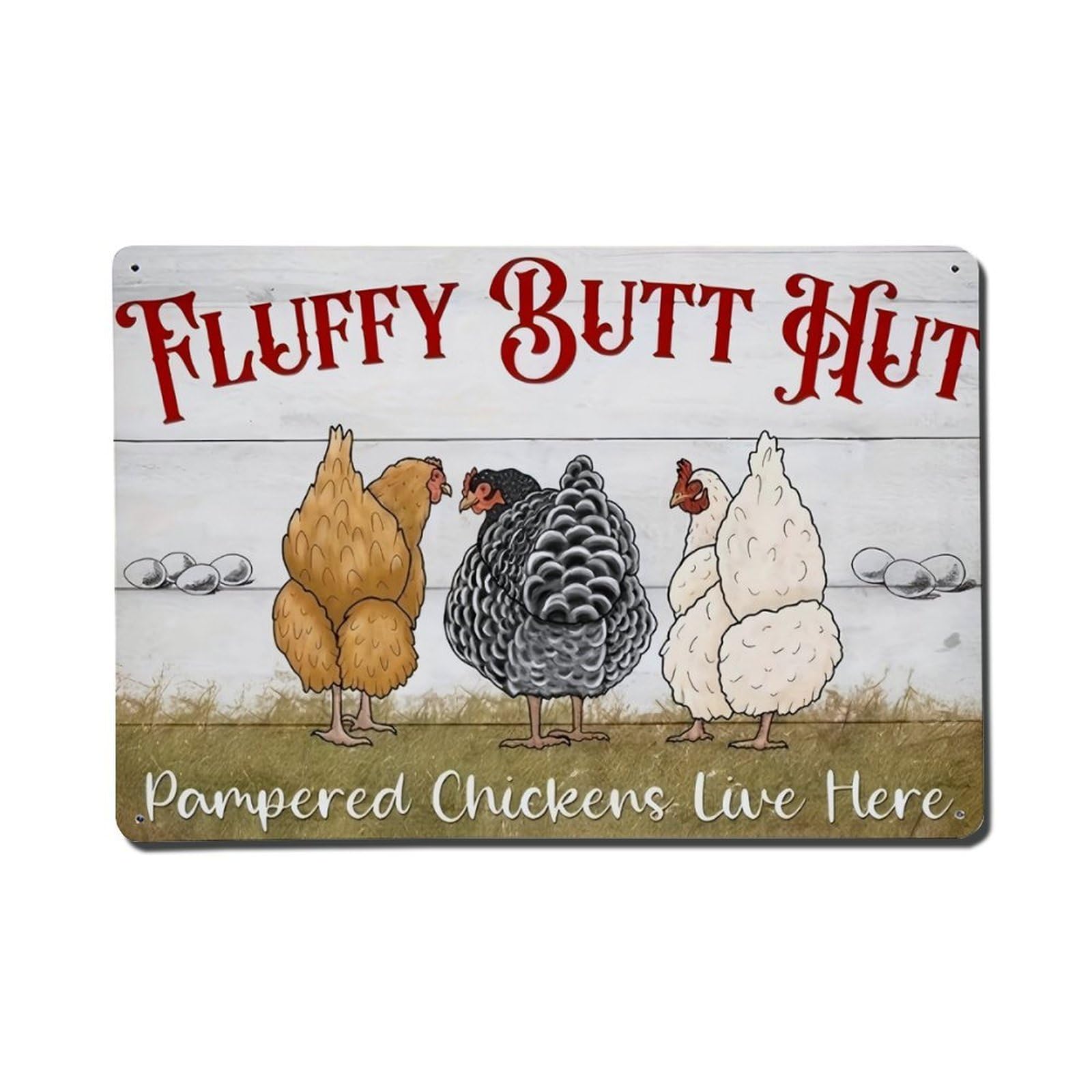 Fluffy Butt Hut Funny Chicken Coop Wall Sign Vintage Aluminium Metal Sign, Retro Wall Decor for Home, Bar, Garage & Farmhouse 20x30cm