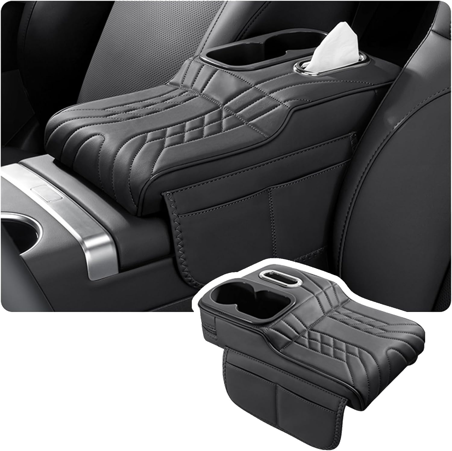 Car Armrest Storage Box for Isuzu MU-X 2013–2025 2020 2021 2022 2023 2024, Sport-Style Center Console Organizer with Side Pocket, PU Leather Armrest Cushion, Elbow Support Pad,A Black