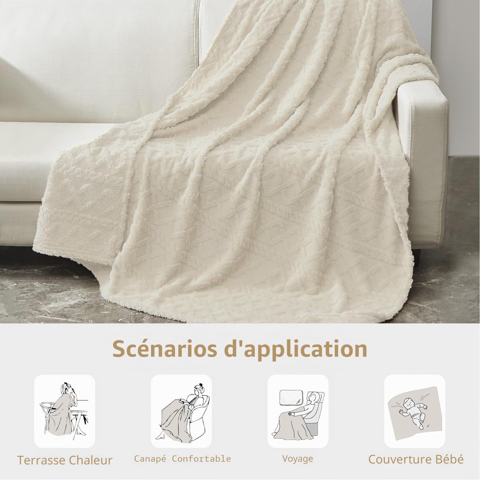 WONGS BEDDING Couverture douillette pour canapé, style bohème, 220 x 240 cm, en polaire, douce et chaude, pour lit, canapé, blanc crème