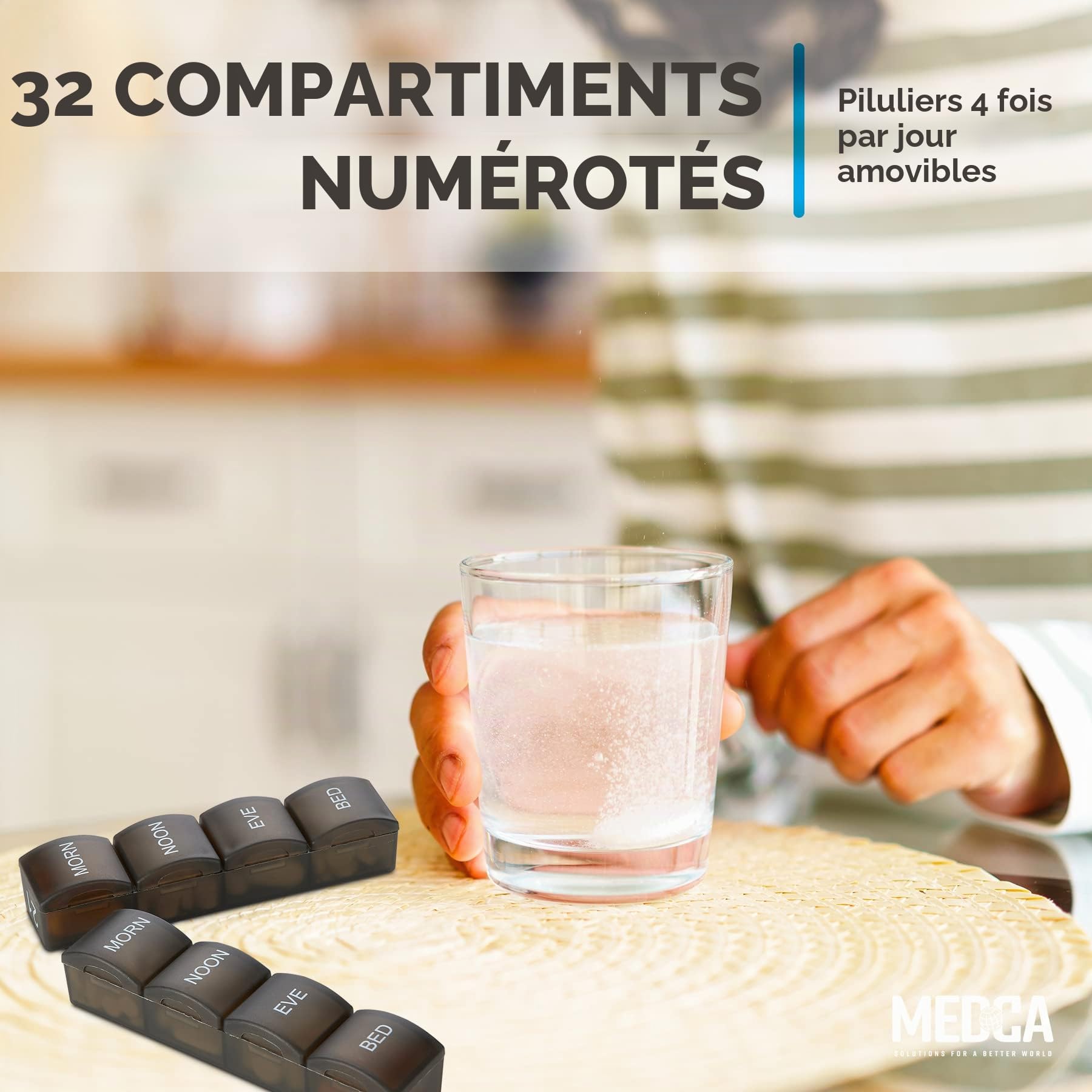 Pilulier mensuel - 4 fois par jour matin-midi-soir-nuit - Grands piluliers quotidiens 32 avec compartiments pour vitamines, suppléments, médicaments - Pilulier mensuel de voyage, noir