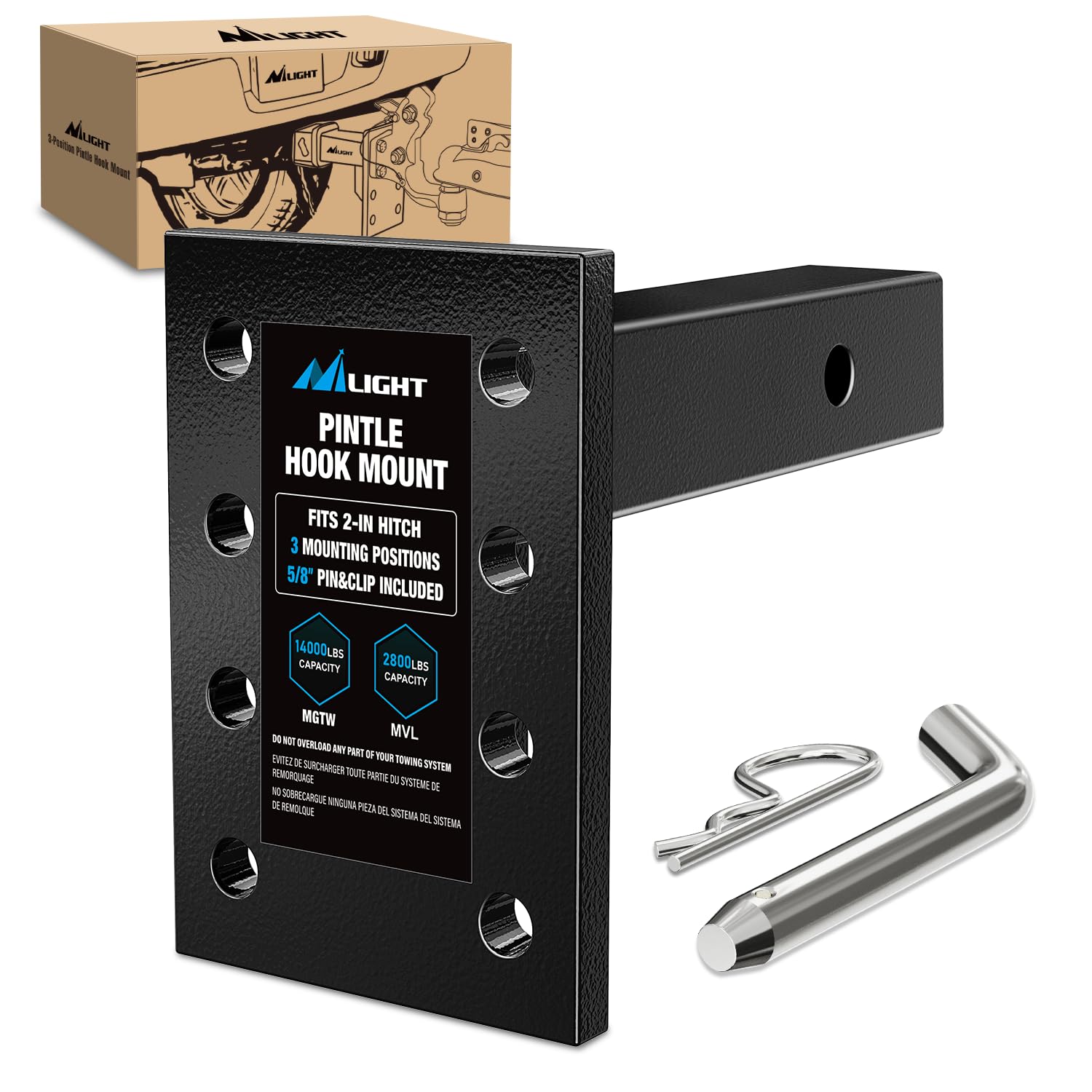 Nilight 3-Position Pintle Hook Mount for 2" Hitch Receiver Solid Steel MGTW 14,000 lbs 9-Inch Length Black Pintle Hook Hitch Mounting Plate