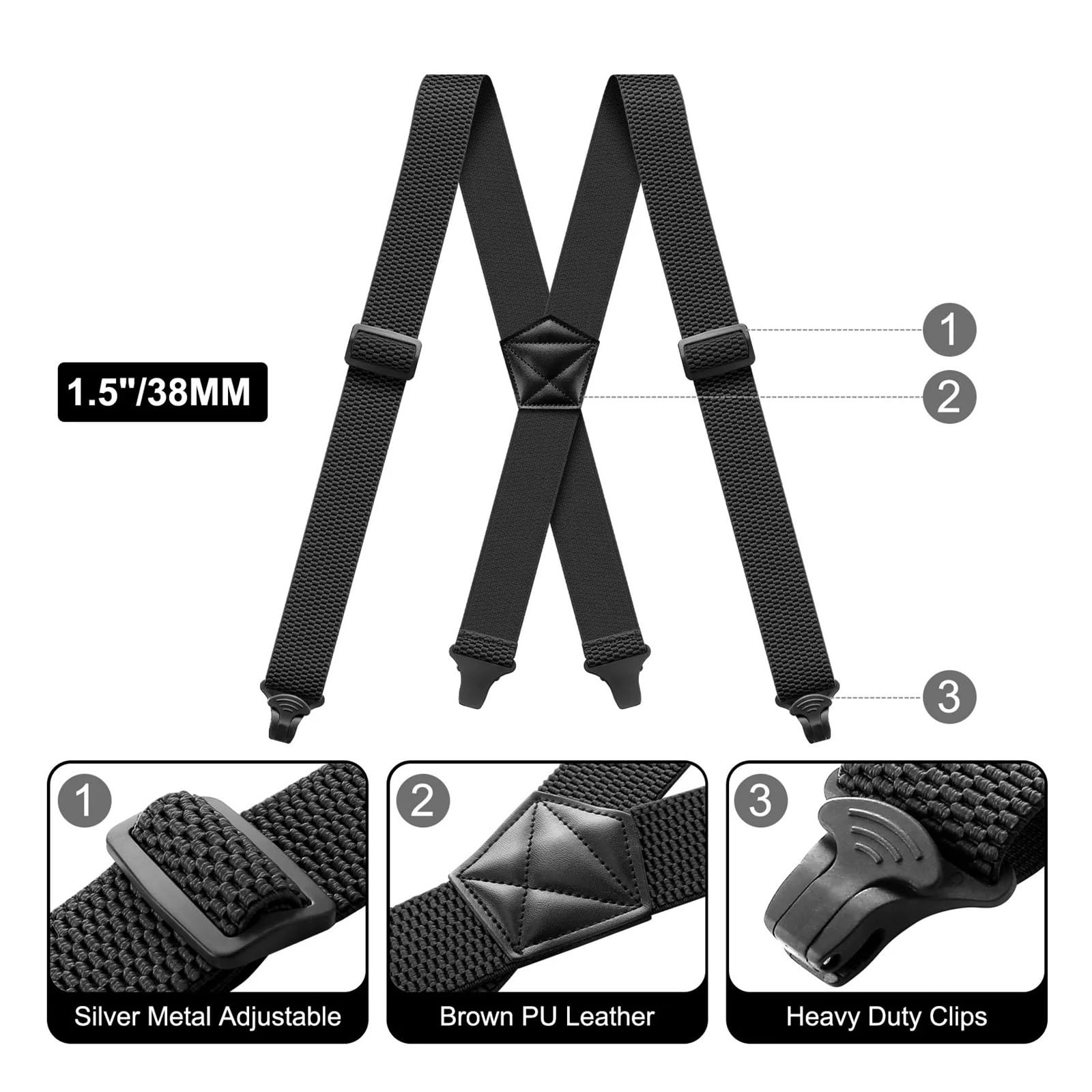 2 Stück Herren-Hosenträger for schwere Arbeit für Männer und Damen | 3,8 cm breiter X-Rücken mit 4 Greifverschlüssen aus Kunststoff, verstellbare elastische Hosenträger