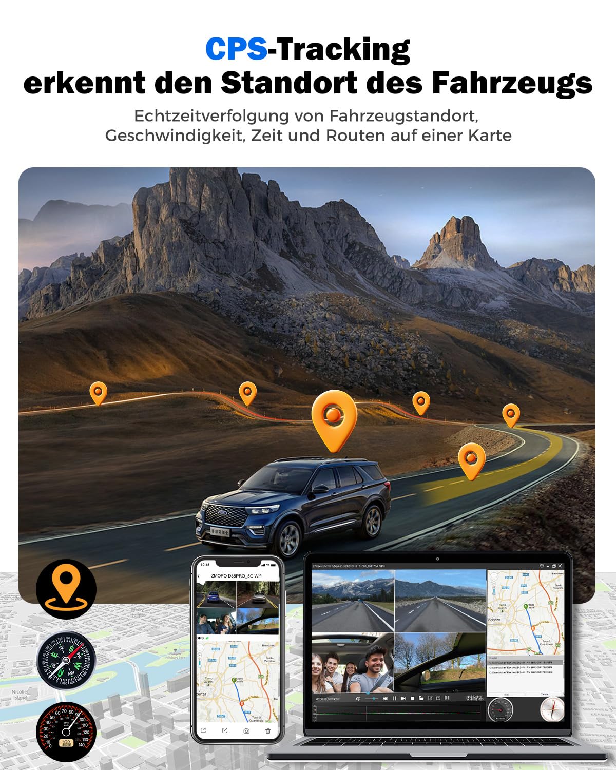 4-kanałowa kamera samochodowa na deskę rozdzielczą 360 stopni, kamera przednia i tylna, lewa i prawa, wewnętrzna kamera do samochodów, GPS i 5G pasma Wi-Fi, widoczność w nocy, WDR, 24-godzinny tryb