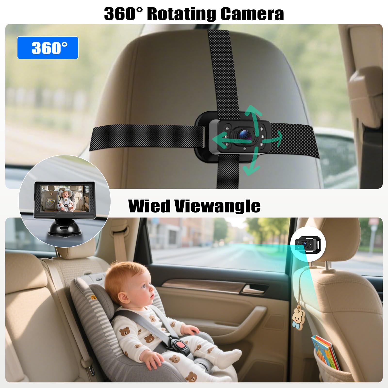 CAMECHO Baby Monitor con Poggiatesta e Schermo IPS da 4,3", HD 480P, Visione Notturna e Obiettivo Grandangolare – per la Sicurezza sul Sedile Posteriore dell'Auto