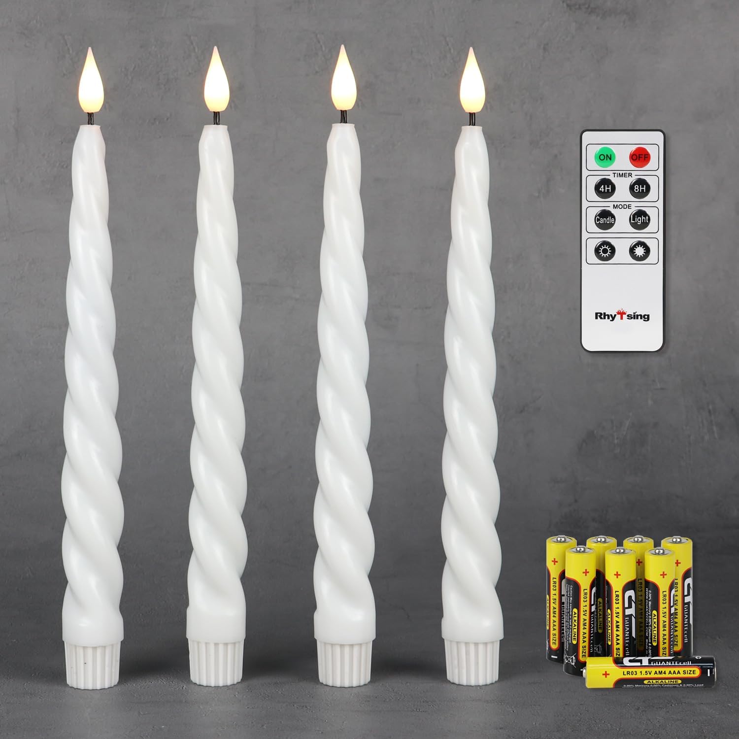 Rhytsing 9.6" White Flameless Twisted Taper Candles with Timer, Battery Operated Spiral Candlesticks, Warm White Light, Remote & 8 Batteries Included - Set of 4