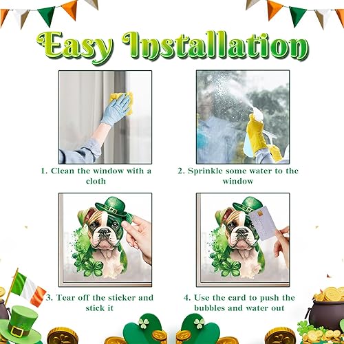 Miniatura 6 de Adhesivos para ventana del día de San Patricio 9 hojas de calcomanías del día de San Patricio con trébol perros gatos monedas para decoración de