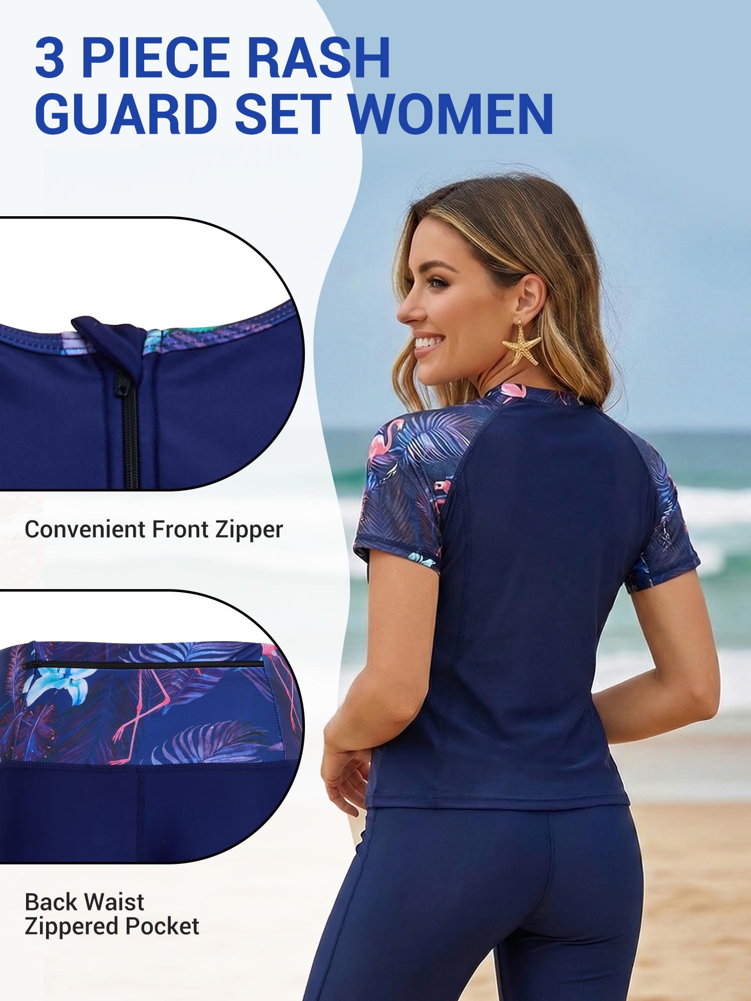Owntop Rashguard UV Ensemble 3 pièces pour femme – Maillot de bain à manches courtes avec débardeur et maillot de bain, maillot de bain à séchage rapide avec protection UV pour la plage, la natation