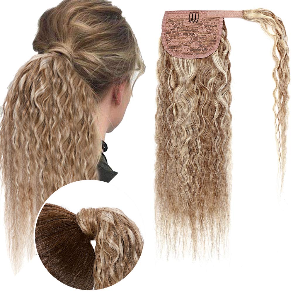 Hairro Ponytail Extension Human Hair Wavy Pony Tail Hair Extensions Warp Around Ponytails Clip On Ponytail Remy Hairpieces Clip In Ponytail For Women 20" 95g #12P613 Golden Brown Mix Bleach Blonde