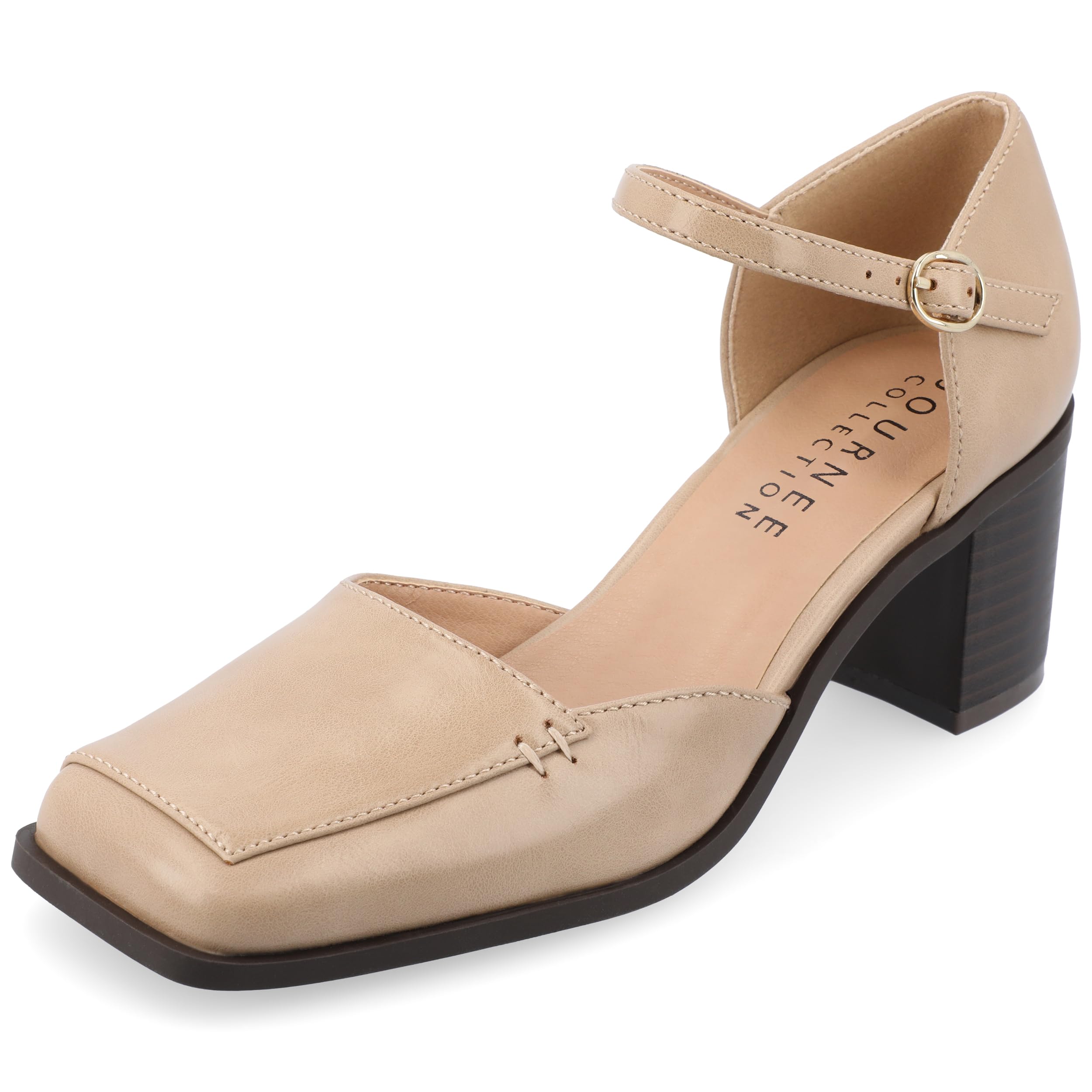 Journee Collection Womens Buckle Strap Open Square Toe Chunky Stacked Block Heel Evangeline Comfort Foam Pumps