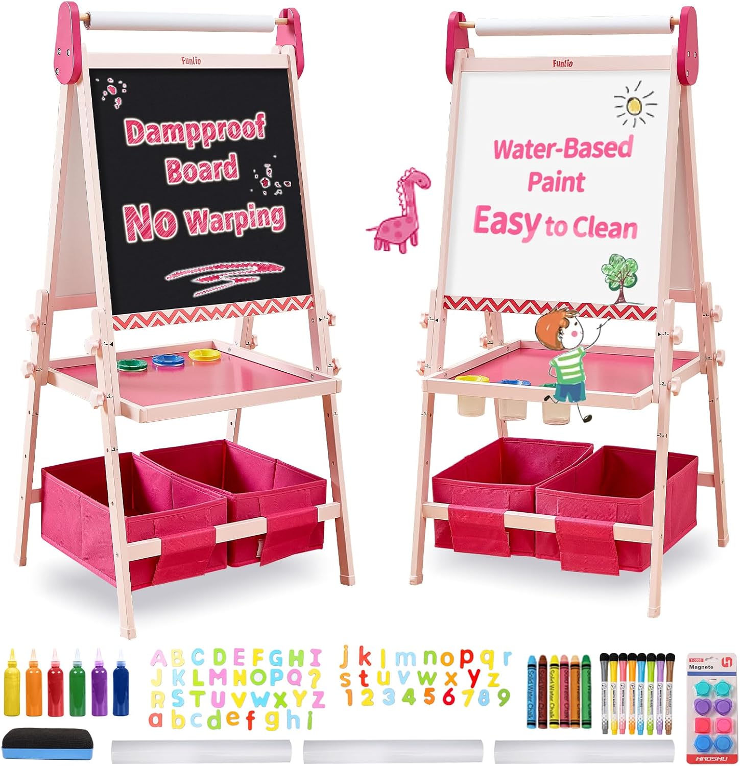FUNLIO Art Easel for Kids Aged 3-8, Anti-Warp Board & Erasable Frame, Toddler Painting Easel with Magnetic Chalkboard/Whiteboard, 3 Height Adjustable, All-in-One Standing Easel with Paper Roll-Pink
