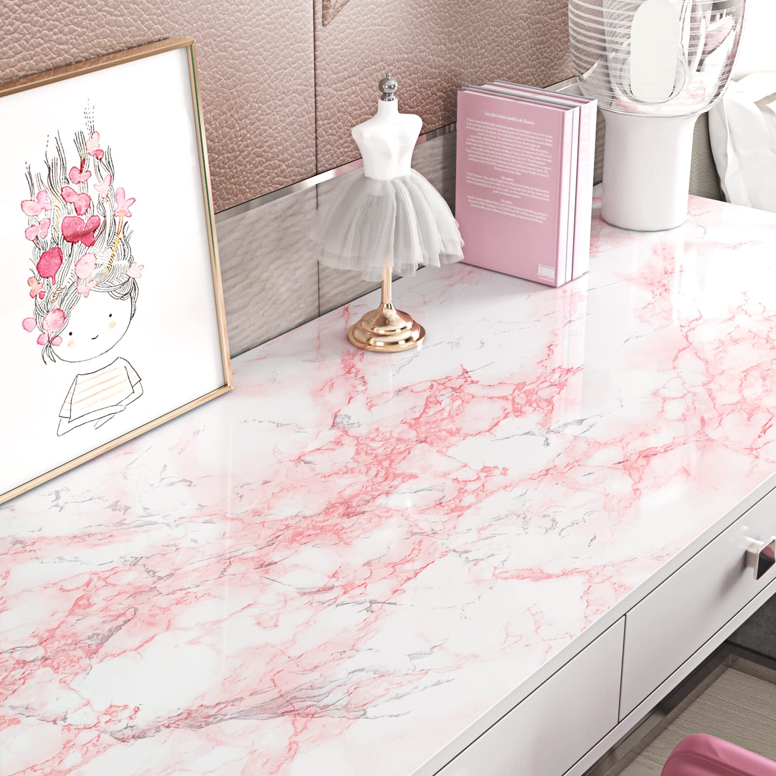 HOMETITUTE Blue Pink Marble Wallpaper – Peel & Stick, Self-Adhesive, Removable, 15.7x39.4 Inches
