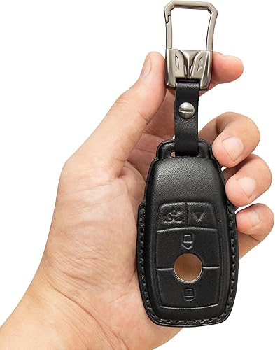 Miniatura 1 de Funda para llavero Mercedes Benz con llavero de aleación de zinc, protector de cuero genuino 4D compatible con Mercedes Benz Clase E 2017-2023 Clase