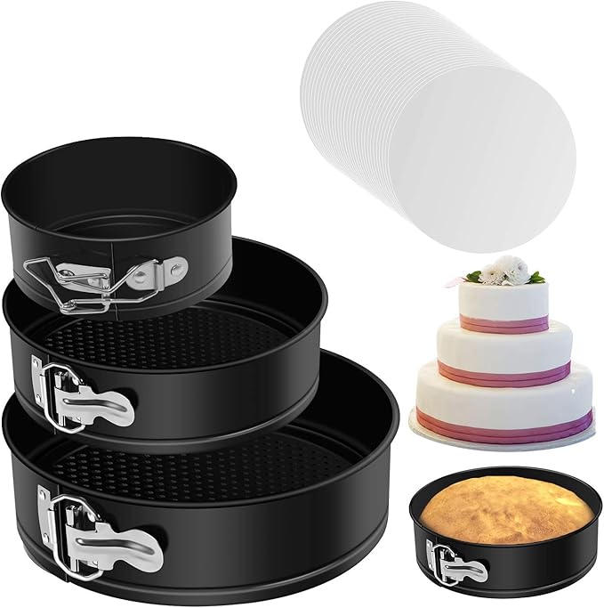 Springform Cake Pan Set of 3 - Nonstick Leakproof Round Cheesecake Pan with Removable Bottom, Circle 3 Tiered 4" 7" 9 inch Spring form Pans for Baking with 50 Pcs Parchment Paper Liners