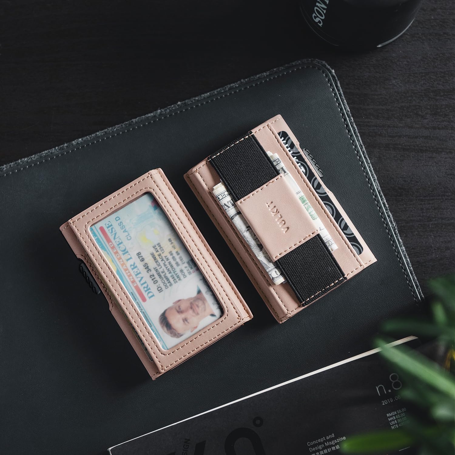 VULKIT Slim Aluminum Card Holder RFID Blocking with Outer Vegan Leather Sleeve, Pop-Up Card Wallet with ID Window and Elastic Strap for Money, Pink - Image 4