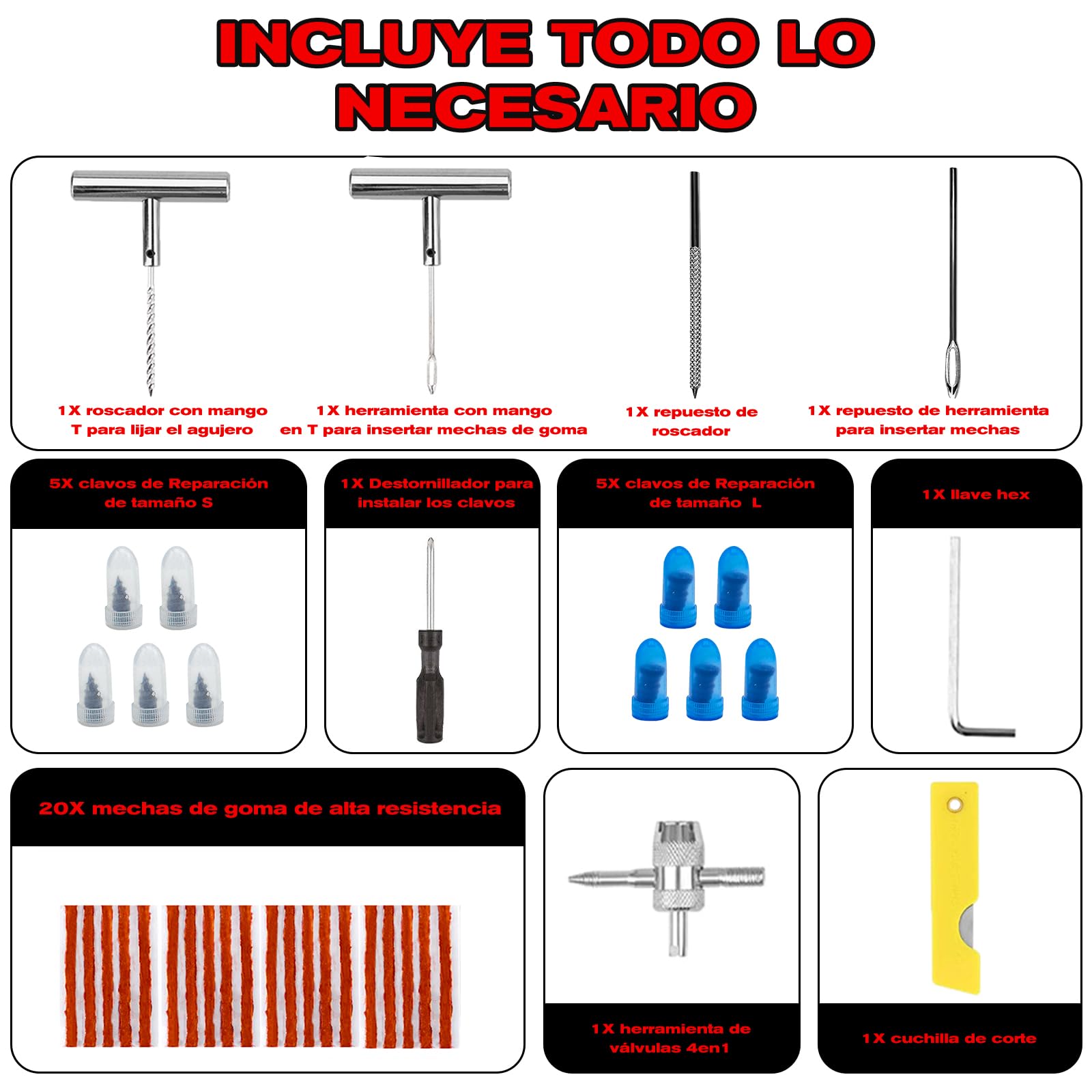 38PCS Kit Repara Pinchazos para Coche y Moto, kit antipinchazos neumático, Mechas y Clavos de gomas, Compacto para Maletero, Solución emergencia, Fácil Uso sin Experiencia — view 5