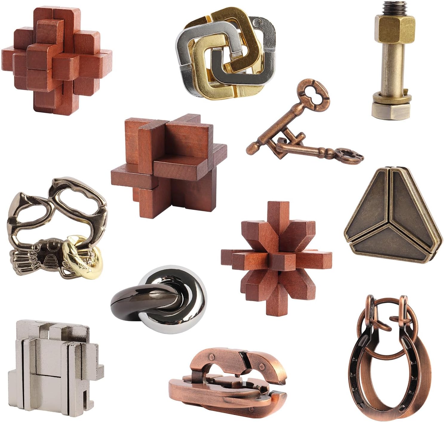 12pcs Puzzles Toys Wooden Metal Brain Teaser Puzzles Game for Adults Kids Desk Toy Lock Puzzles Gift for Teens
