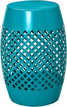 12.5" Steel Outdoor Side Table, Round Hollow Drum Patio End Table, Accent Table for Indoor and Outdoor, Blue
