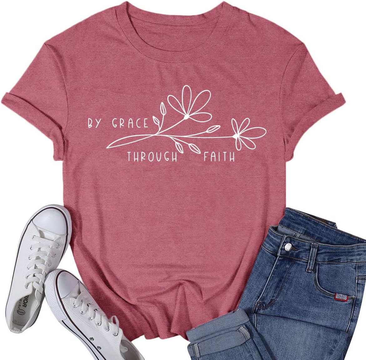 VQD Womens Christian Shirt Christ Faith T-Shirts Bible Verse by Grace Through Faith Tee Tops