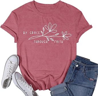 Womens Christian Shirt Christ Faith T-Shirts Bible Verse by Grace Through Faith Tee Tops