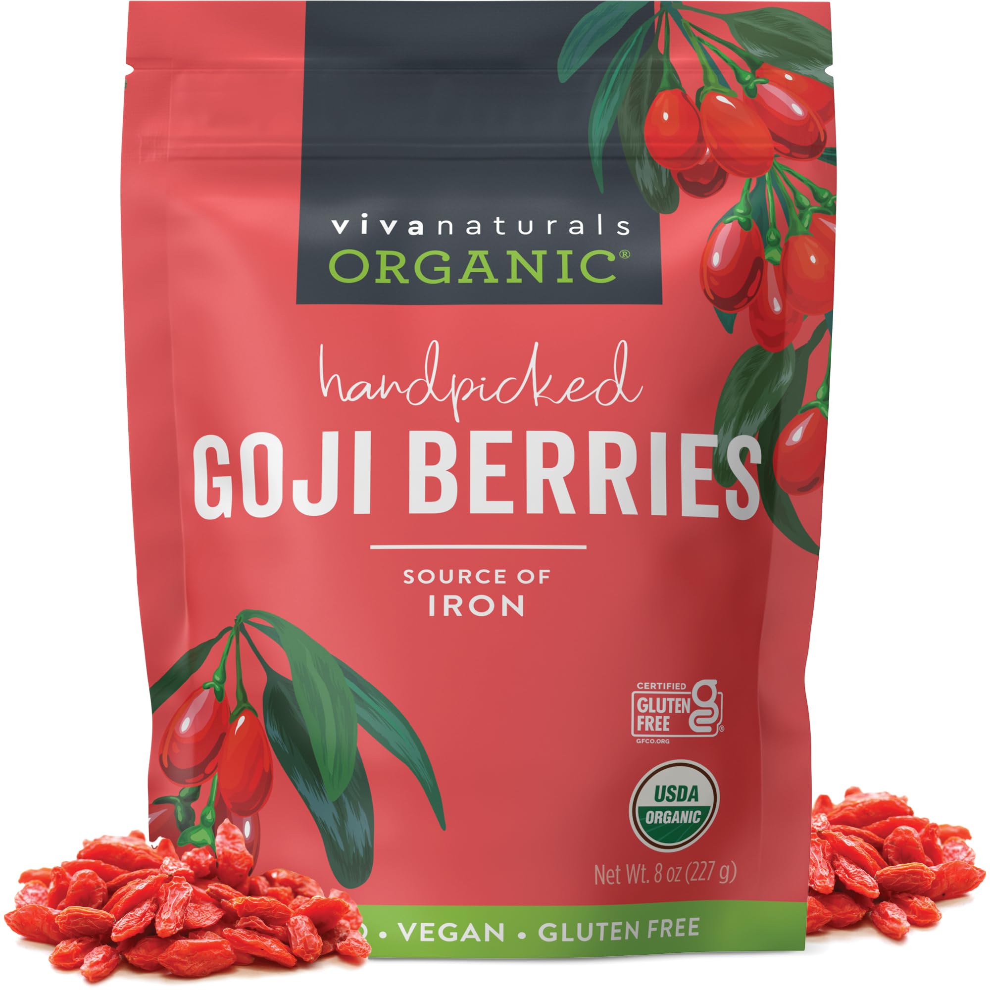 Viva Naturals Organic Dried Goji Berries, 8 oz (227 g) – Non-GMO, Vegan Wolfberries, Perfect for Goji Berry Tea, Smoothies, Baking & Snacking