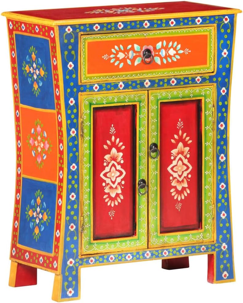 Hand Painted Mango Wood Sideboard Cabinet 23.6x11.8x29.5 Inches Solid Wood Storage with Doors and Drawer