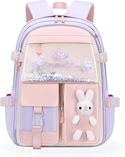 Ynport Crefreak Cute Rabbit School Backpack for Girls Aesthetic School Bag with Large Capacity Water Resistant Kawaii Book Bags for Bags Grades 1-6