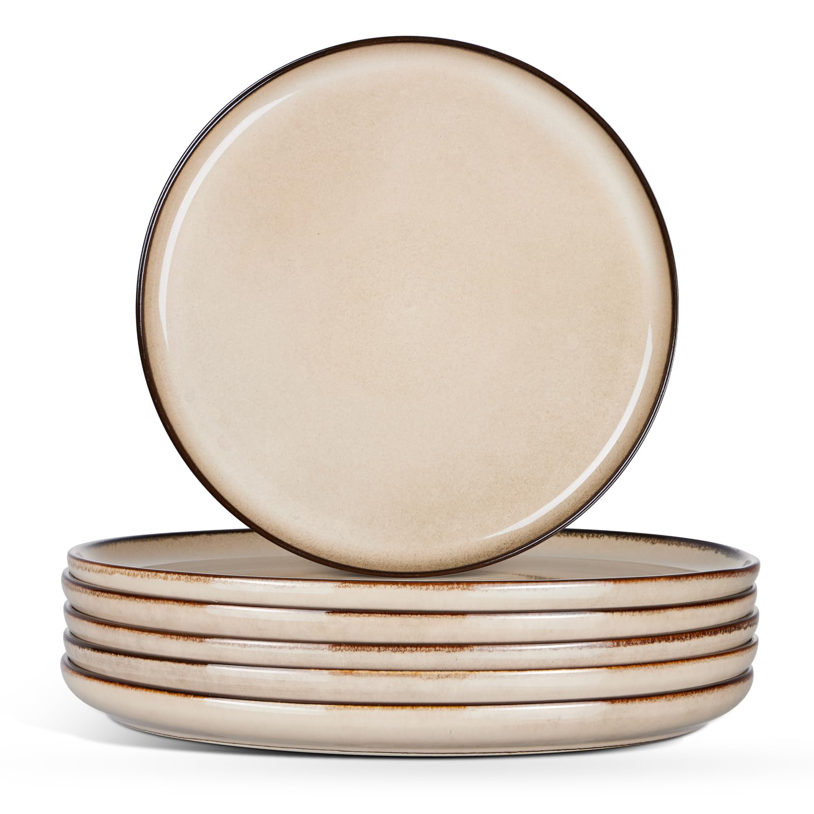 E-far 8” Ceramic Salad Plates Set of 6, Reactive Glaze Stoneware Dishes, Round Dessert Plate for Home Kitchen Restaurant, Microwave &amp; Dishwasher Safe – Sandy Beige