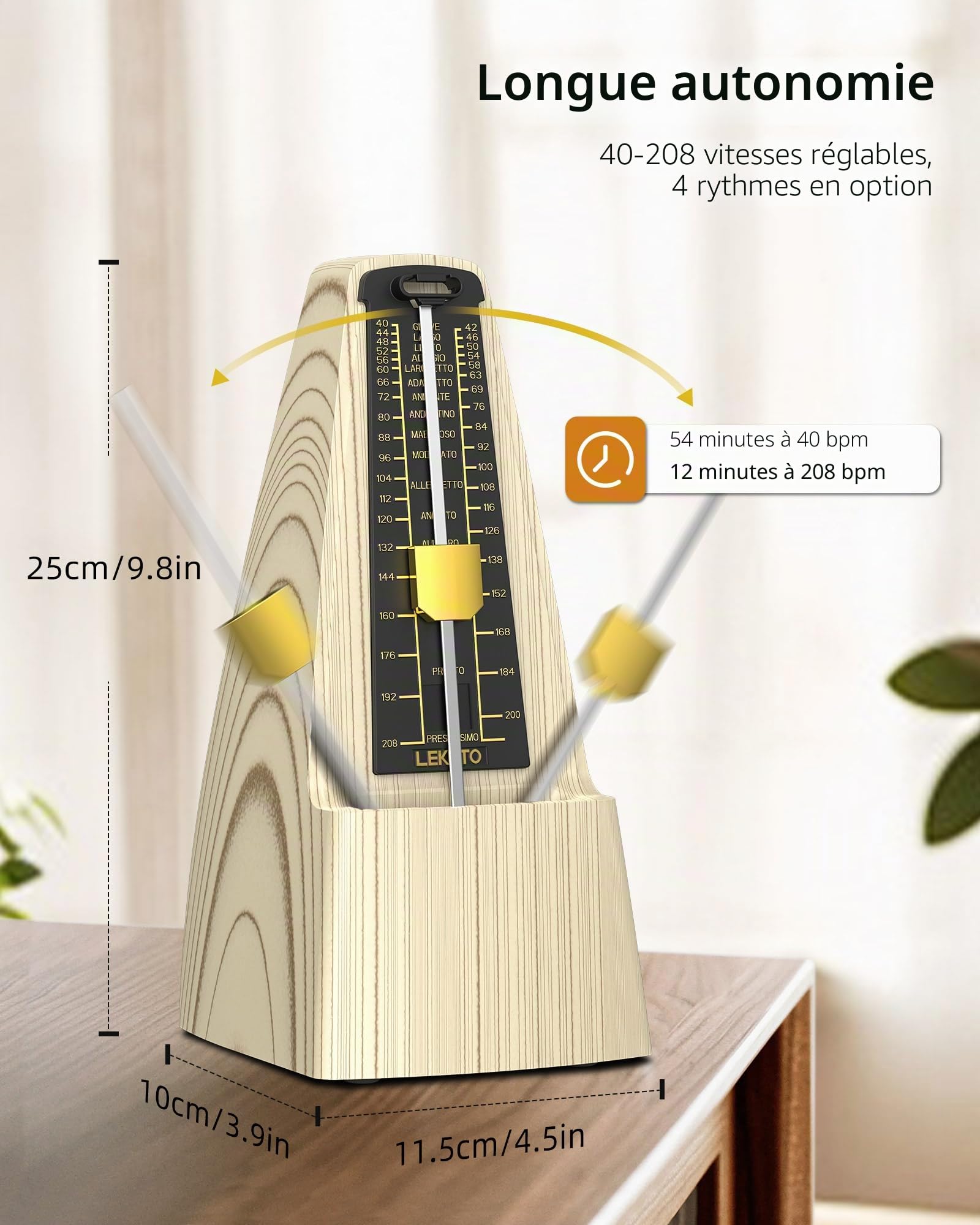 Métronome mécanique avec mouvement en métal, métronome universel LEKATO pour piano, batterie, guitare, ukulélé, violon, saxophone, look classique, facile à utiliser, son fort, pas besoin de piles