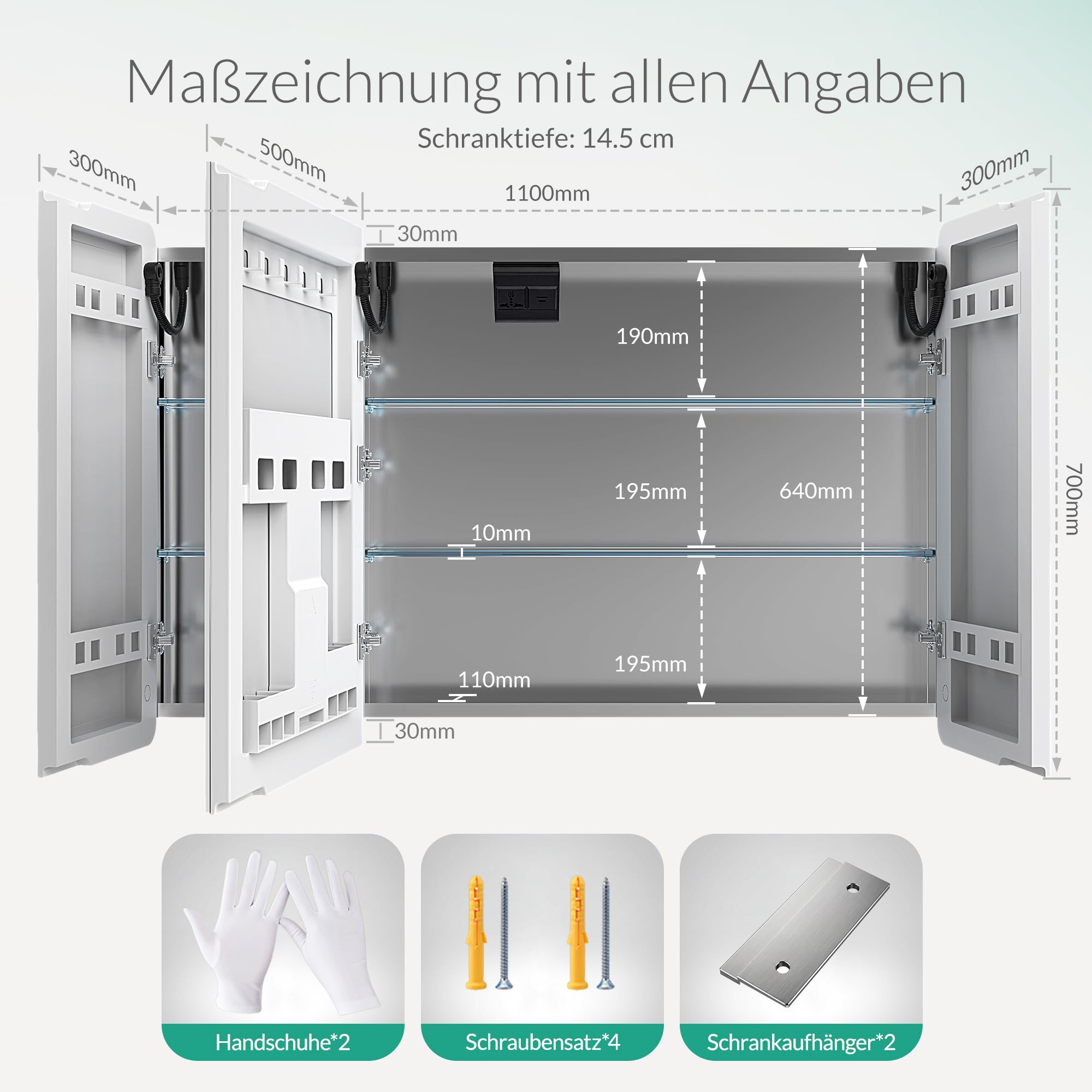 Spiegelschrank Bad mit Beleuchtung 110x70x14cm Silberfarben