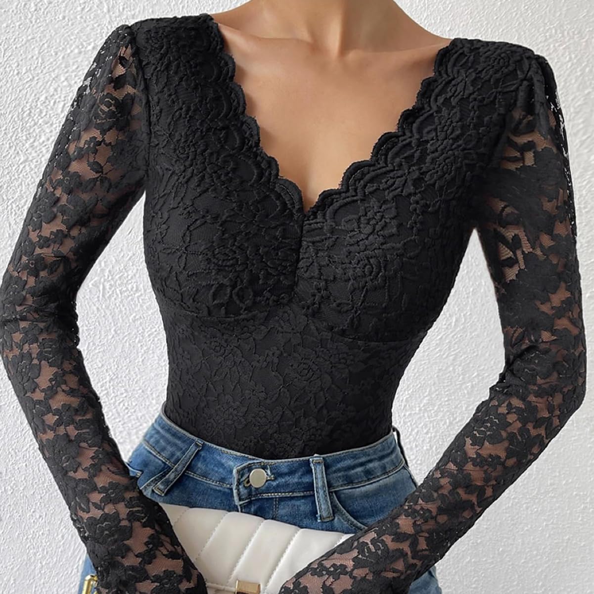 ABAFIP Women's Sheer Long Sleeve Floral Lace Bodysuit Blouse Top V-Neck Backless Going Out Leotard Tops - Image 2