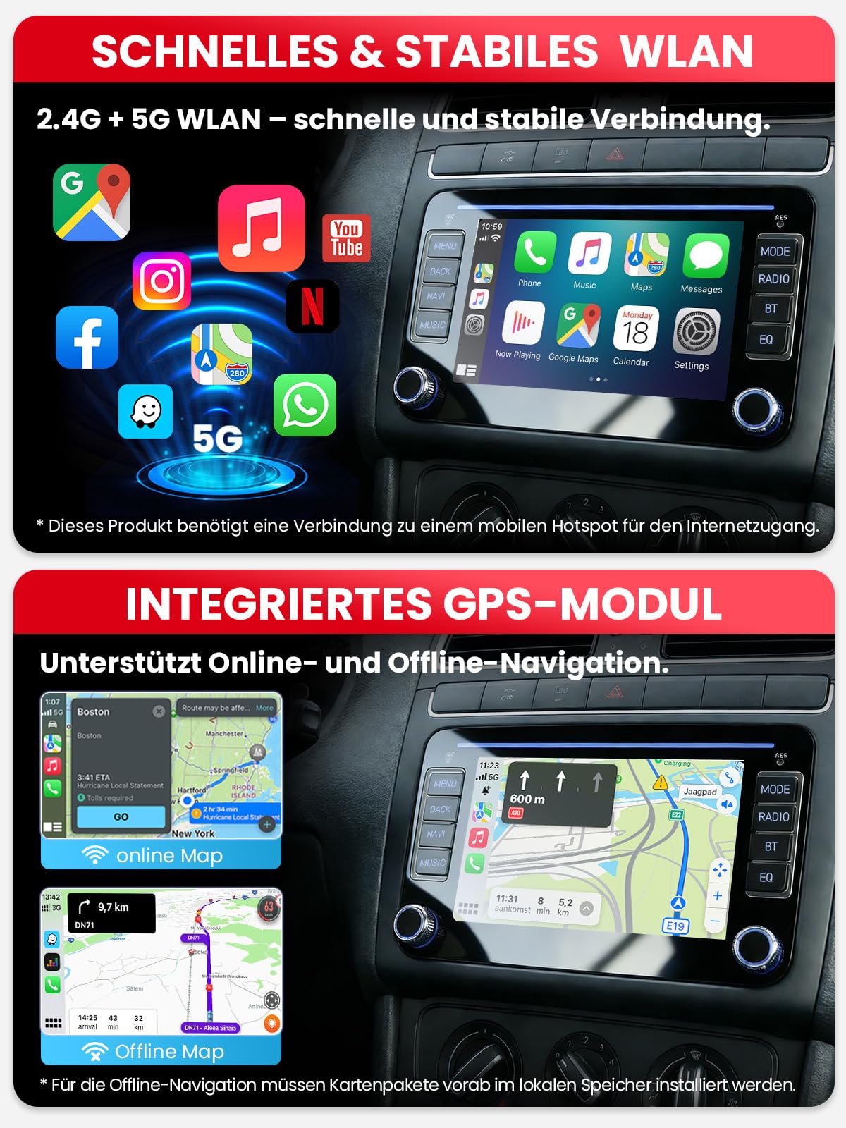 Doppel DIN Bluetooth Autoradio mit Bildschirm für VW Golf 5 6 T5 Polo 6R Caddy Passat Touran, Skoda, SEAT, Wireless CarPlay Android Auto Mirrorlink, 7" Auto Radio, 4+64GB, WLAN DAB+ FM GPS