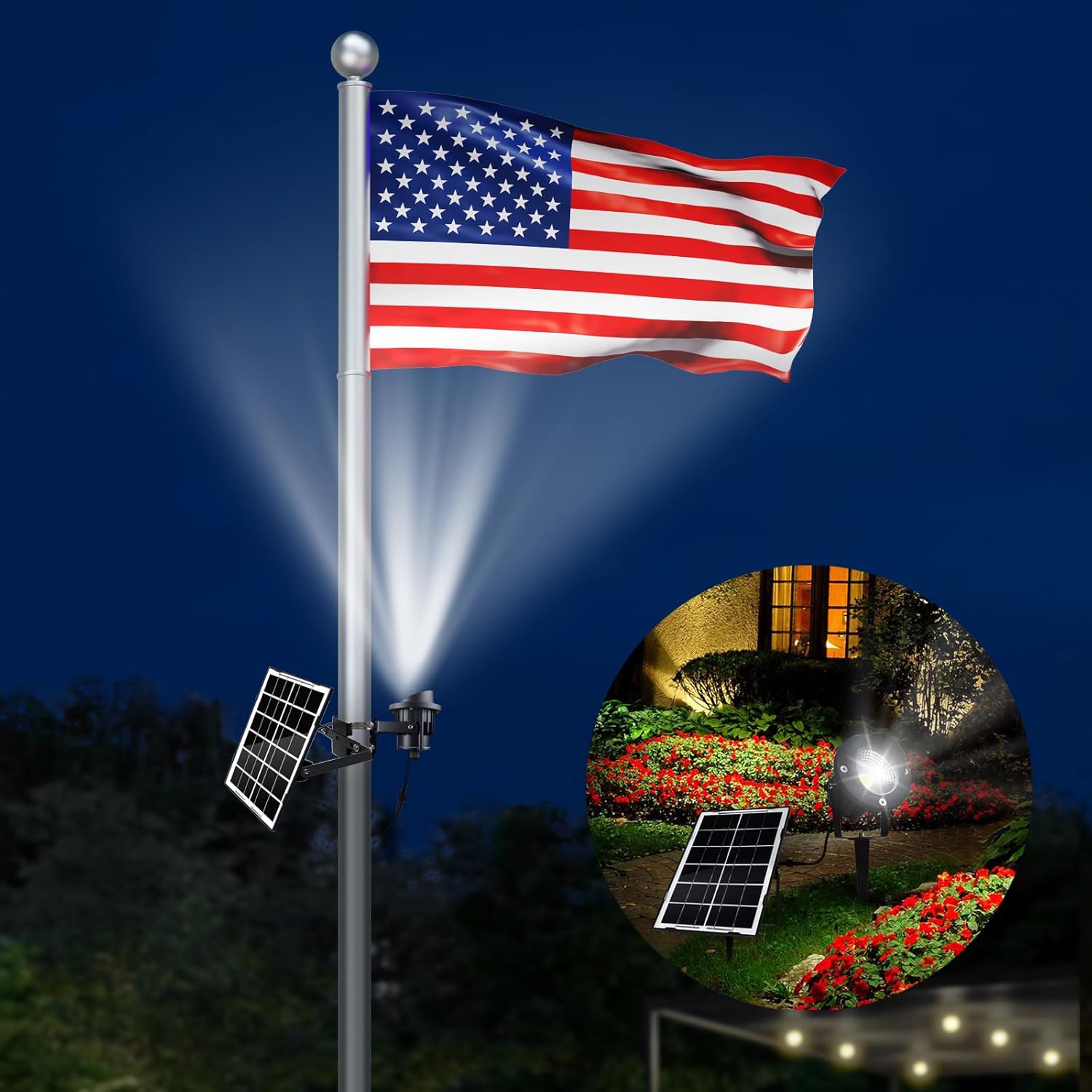 Flag Pole Light Solar Powered Aluminum 6000k Solar Flagpole Lights Metal Clamp Fits 2" to 6" in Diameter Flagpole IP67 Waterproof Solar Light for Flag Pole Outdoor Garden Landscape Decor (Round)