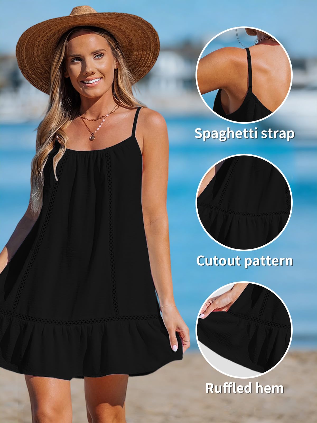 Vestido Verano Mujer Sin Mangas Vestido de Playa de Moda Corto con Tirantes Finos y Aberturas Cover Ups Mini Vestido Elegante Talla Única