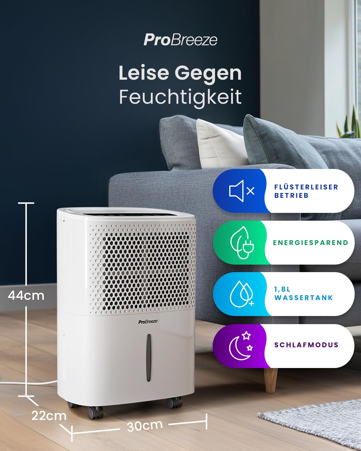Pro Breeze Luftentfeuchter 12L in 24h Entfeuchtungsleistung - Raumgröße ca. 120m³ (~20 m²) - mit 3 Betriebsarten, Digitalanzeige, Ablaufschlauch, Timer - Gegen Feuchtigkeit, Schimmel Weiß