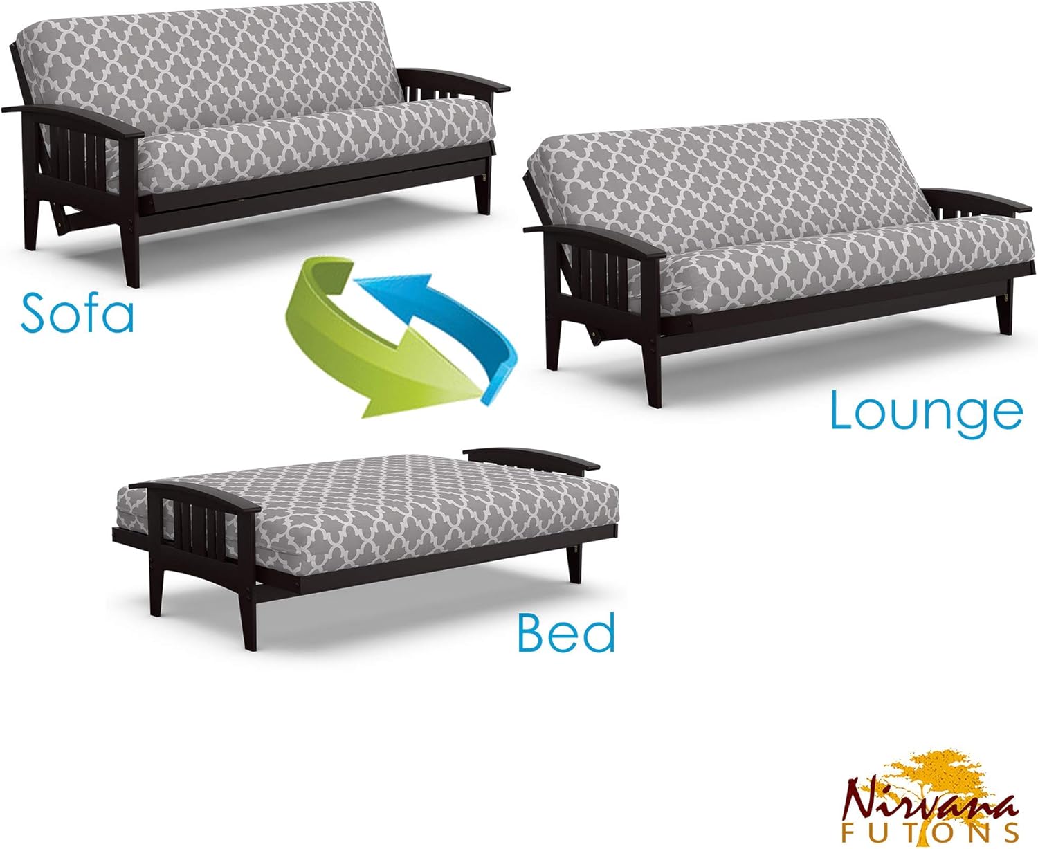 Nirvana Futons Luxor Urban Loft Sleeper Collection Full Size Dark Espresso Westfield Futon Frame, Mattress and Fynn Futon Cover Set