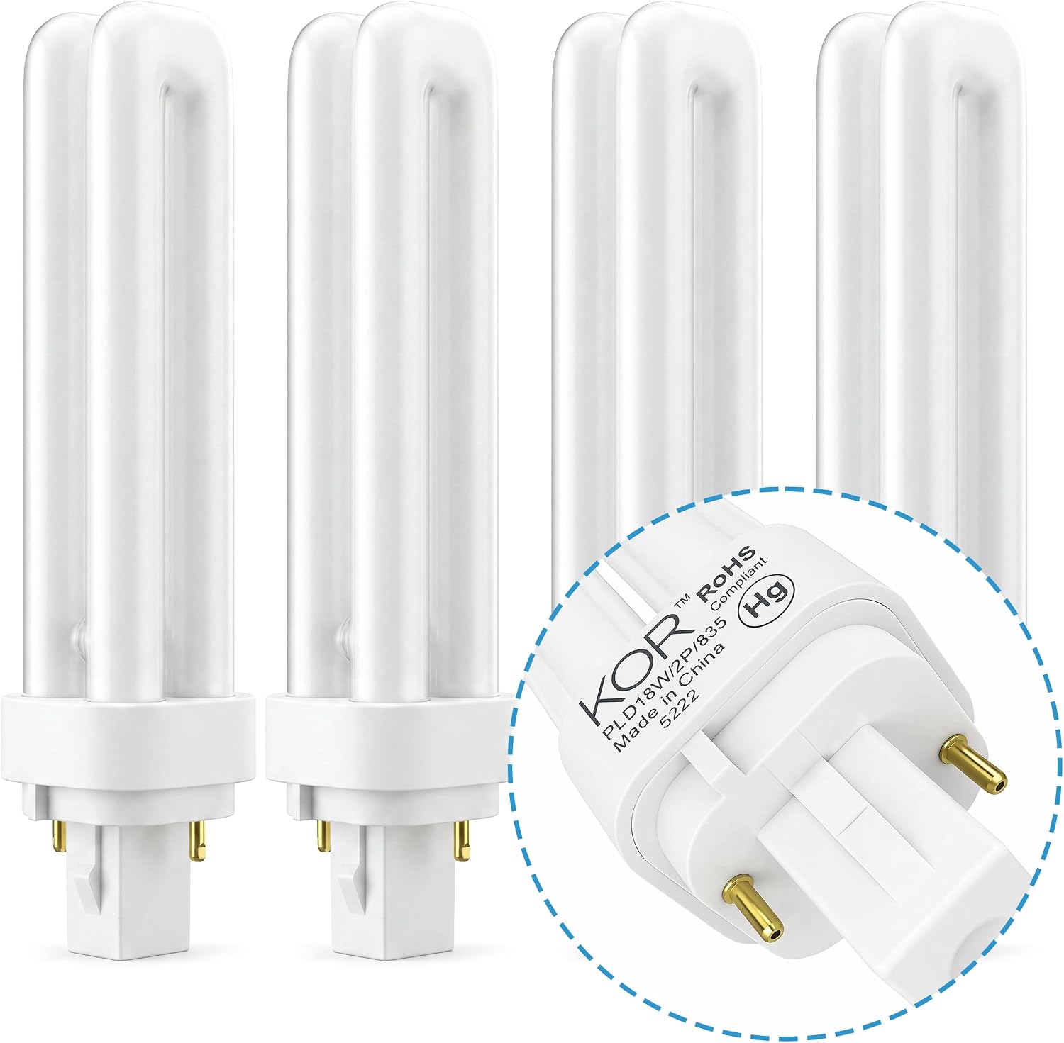 KOR 18W G24d-2 2-Pin CFL Double Tube Light Bulbs, 3500K, 4-Pack