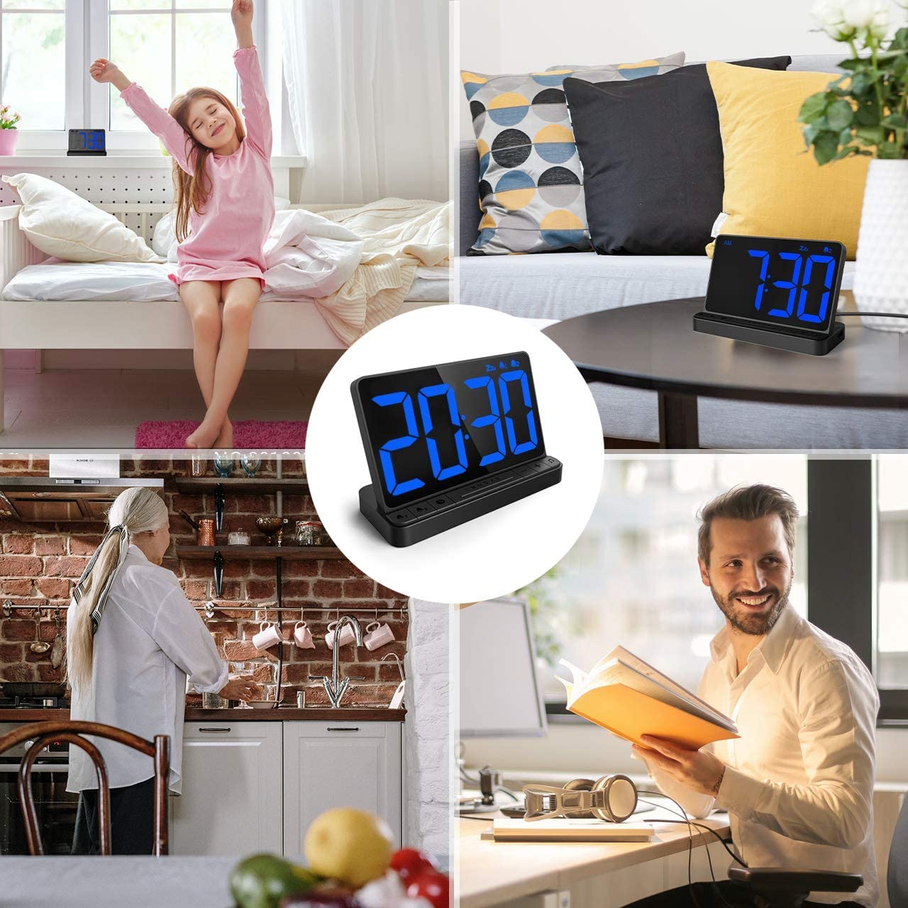 NOKLEAD Reloj Despertador Digital - Reloj Digital Sobremesa con 5 Sonidos de Alarma, Brillo Ajustable, Reloj Digital con Cargador USB, Pantalla LED Grande de 6.5 ", repetición y 12/24 Horas