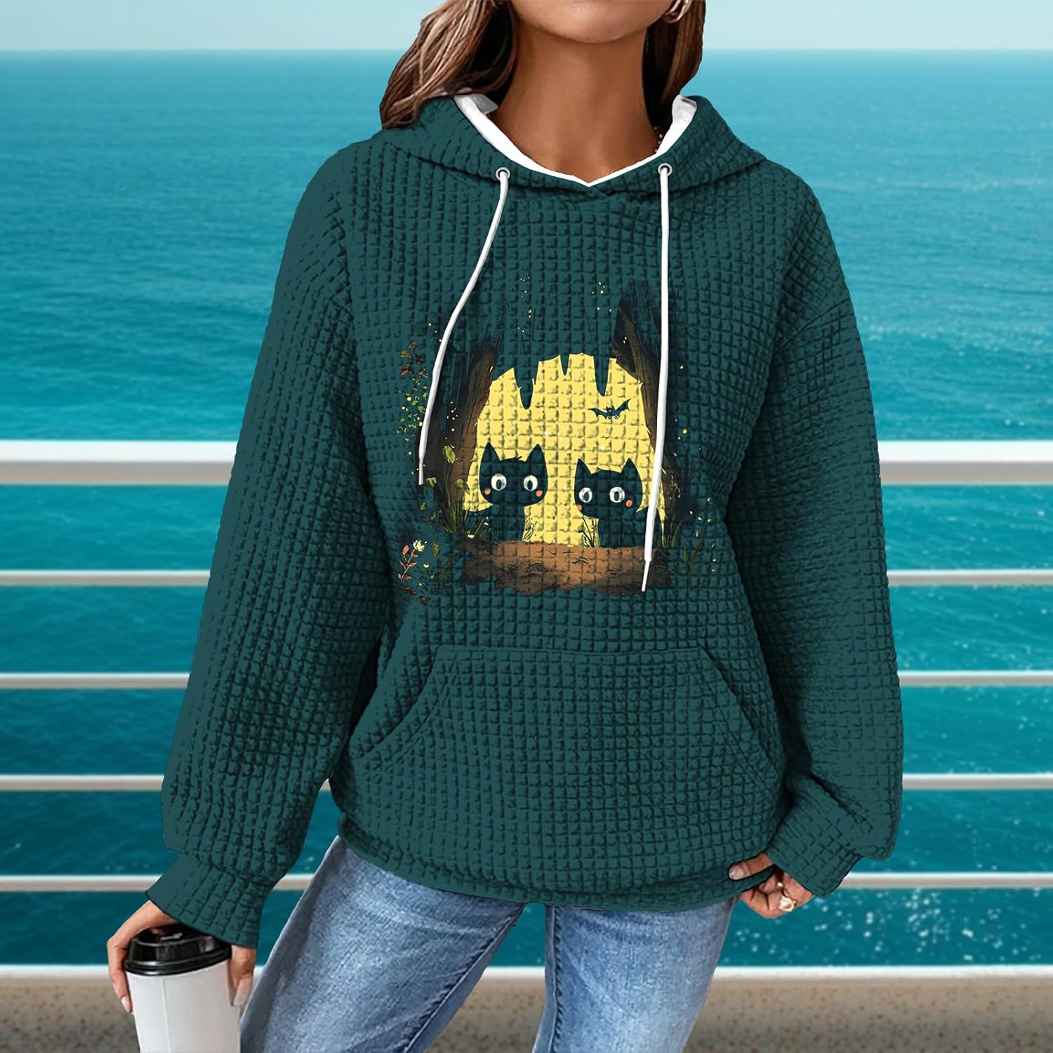 Waffle Hoodie Women Funny Oversized Pullover With Pocket Long Sleeve Comfy Vintage Street Wear Fall Basic Clothes - Image 2