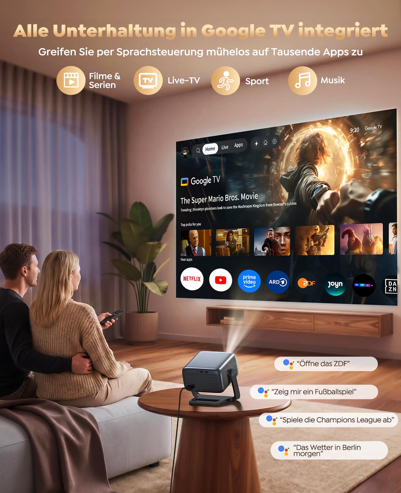 Smart Beamer【Google TV & 30W Lautsprecher】Beamer 4K Heimkino Unterstützt Autofokus/6D Trapezkorrektur, HDR10, WiFi Bluetooth FULL HD 1080P LED Projector 360° Drehständer Outdoor Projektor 4K für HDMI