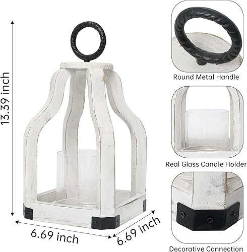 Miniatura 3 de SwallowLiving Farol rústico de madera para huracanes de 13 pulgadas con portavelas de cristal para patio, centro de mesa, color blanco
