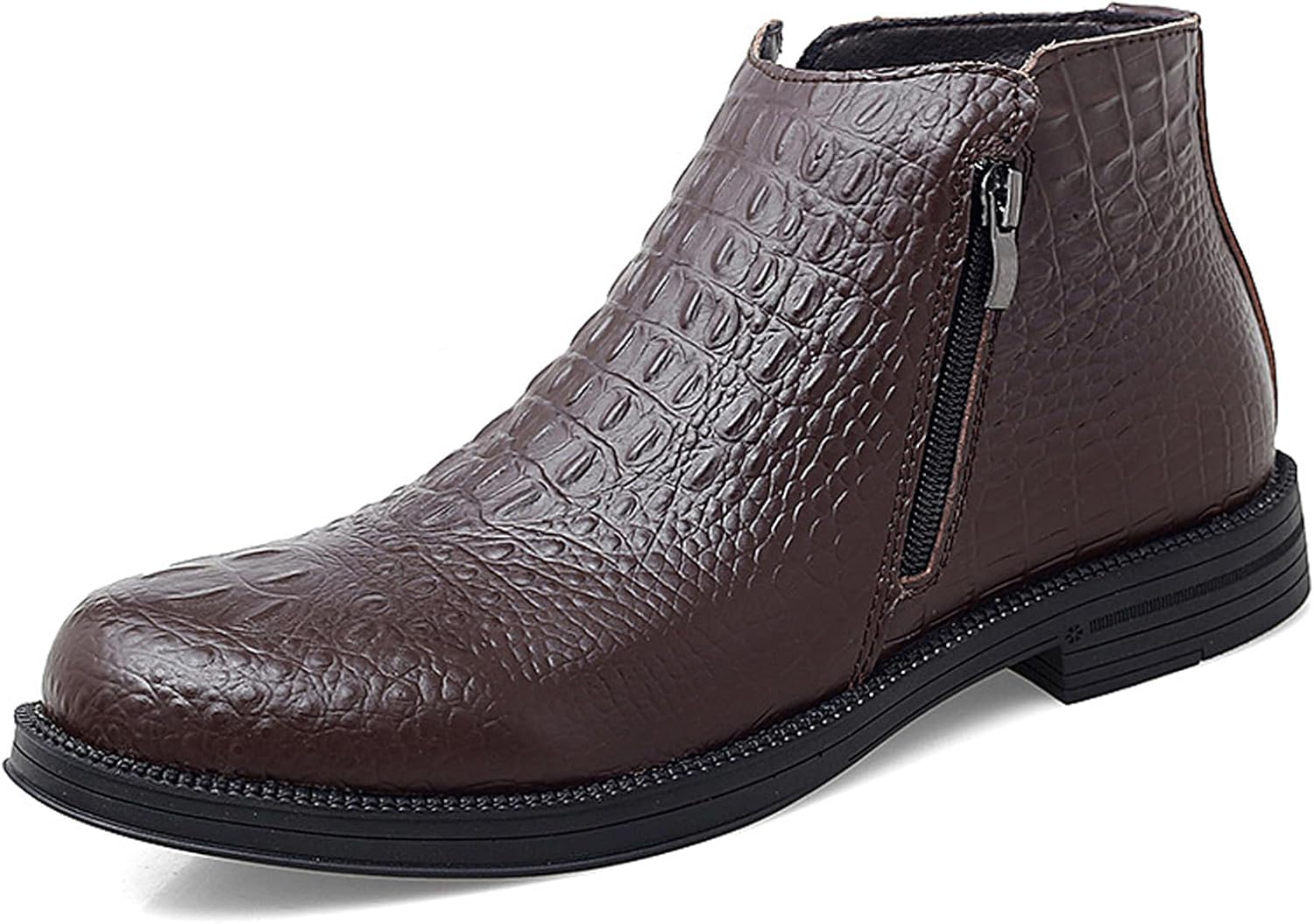 Men's Genuine Leather Alligator Printed Low Heel Ankle Boots Fashion Round Toe Side Zipper Business Dress Booties for Office Work
