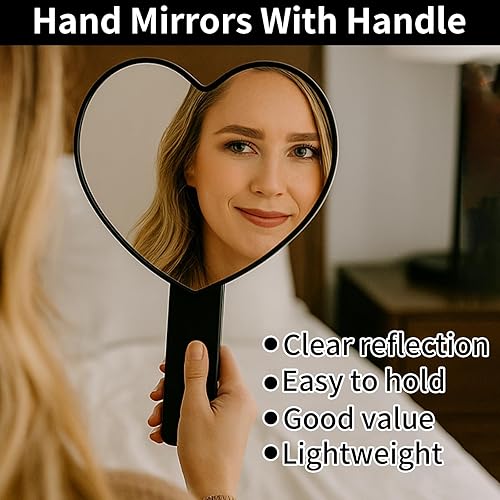 Miniatura 9 de Espejo de mano de viaje en forma de corazón, espejo de mano cosmético con mango (negro, 1 unidad)