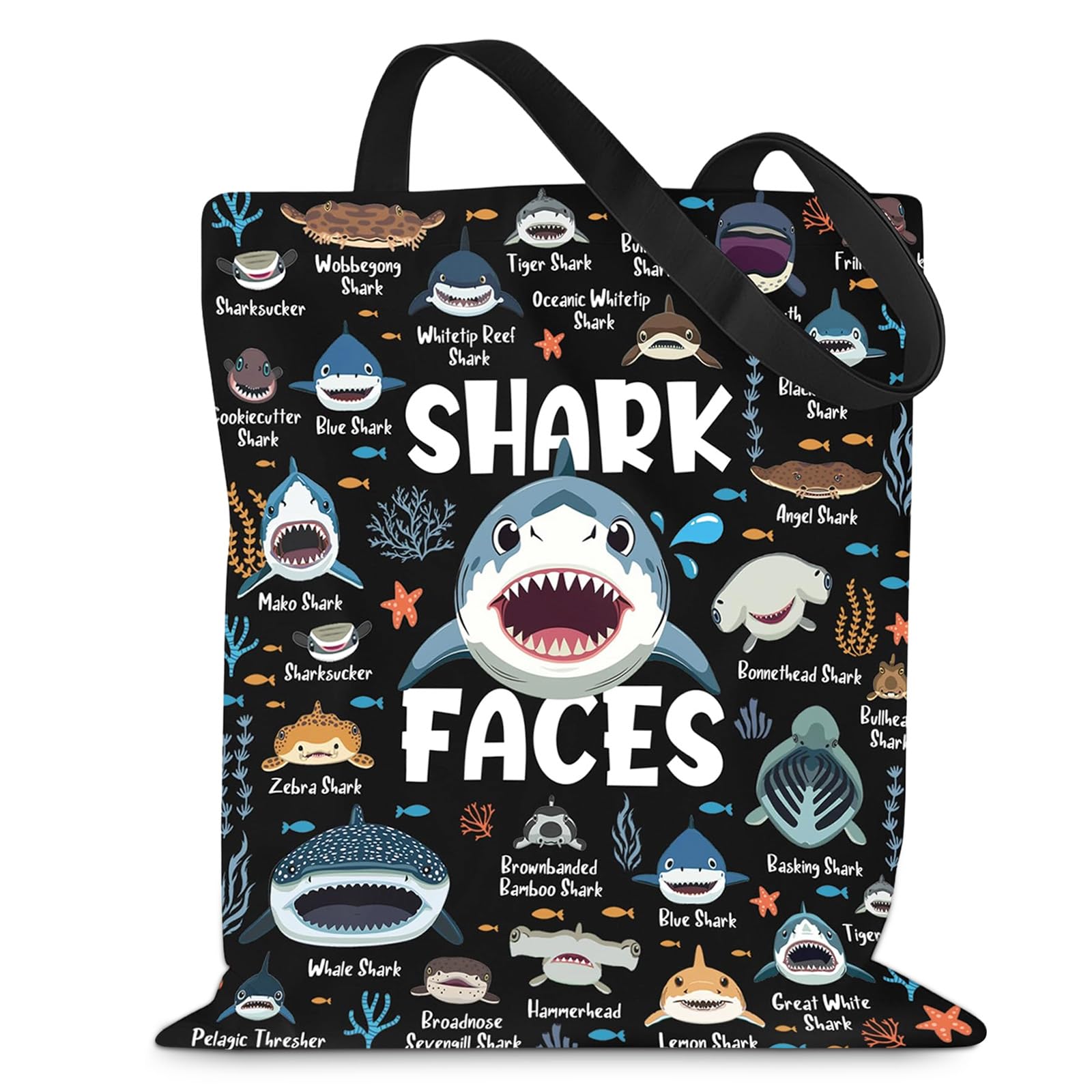 Black Shark Tote Bags, Shark Gifts, Double Sided Printing Shopping Bag, Reusable Canvas Tote Bag for Women & Girls Shopping, Grocery Runs, Beach Trips, Casual Outings, School & Daily Errands (C)