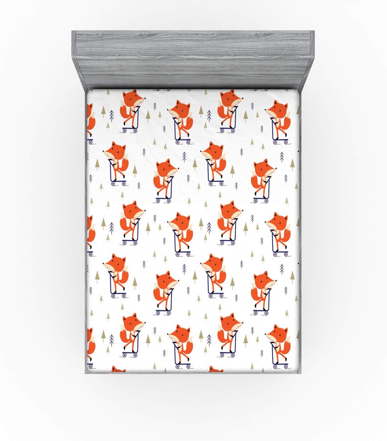 Ambesonne Fox Fitted Sheet, Wild Animal Character with Scooter Little Repeating Trees, Soft Decorative Fabric Bedding All-Round Elastic Pocket, Queen Size, Burnt Orange Indigo
