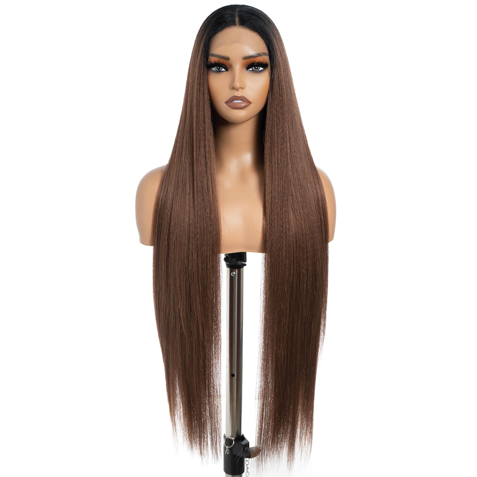 DÉBUT Light Yaki Super Long Straight Hair Lace Front Ombre Brown Wigs 36 Inches Middle Part 13x4x0.5 Natural Hairline with Baby Hair Synthetic Wig